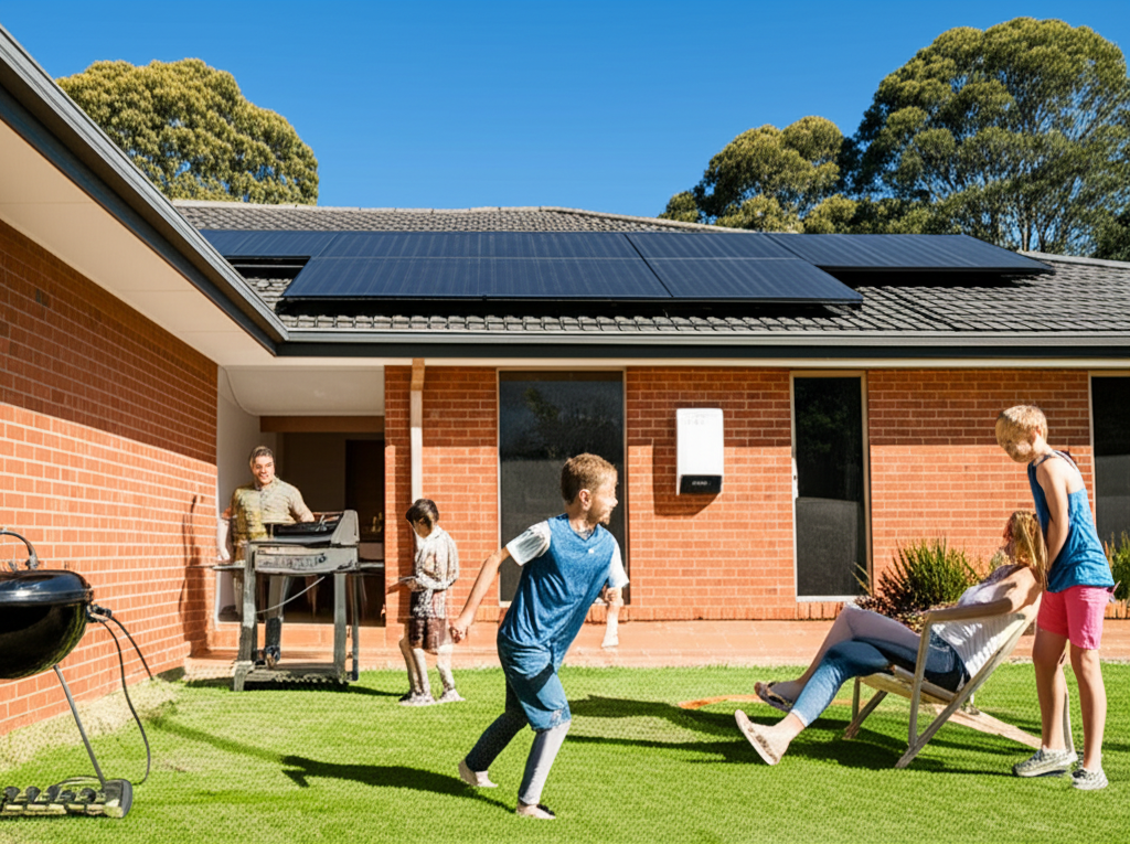 Australian family enjoying backyard with solar and battery